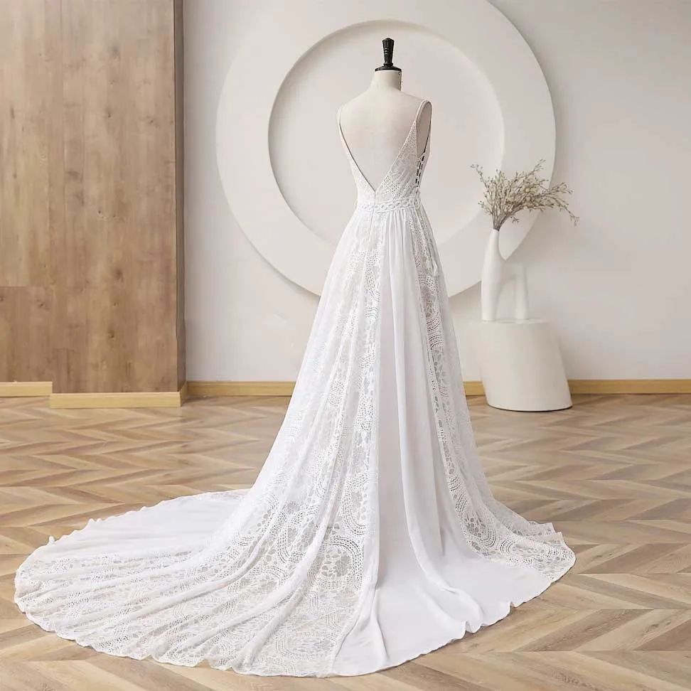 Champagne Boho Lace Wedding Dress with Open Back ET3053