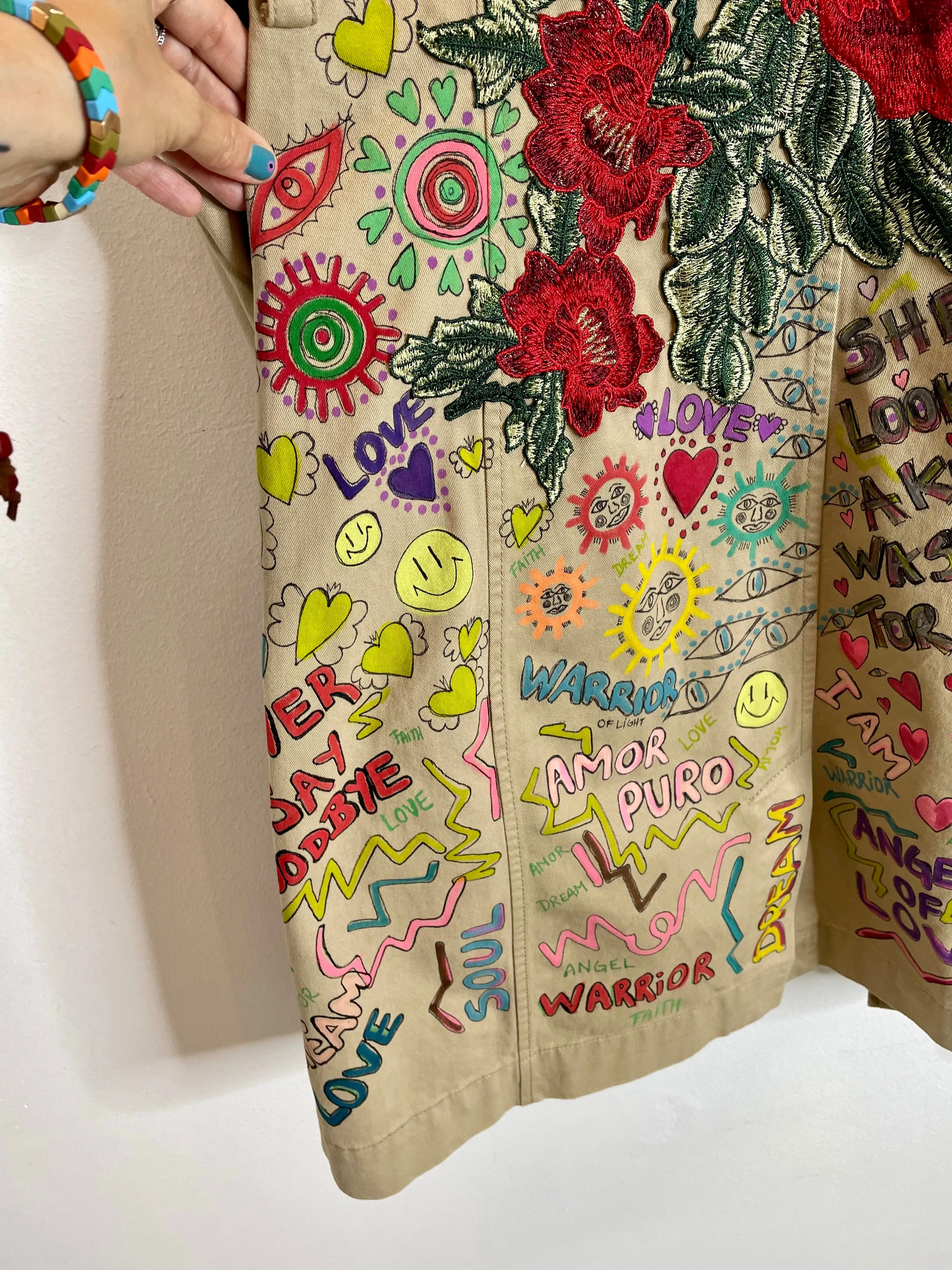 Hand painted Use Your Voice Cherub Angel Trench Coat/ Long Jacket