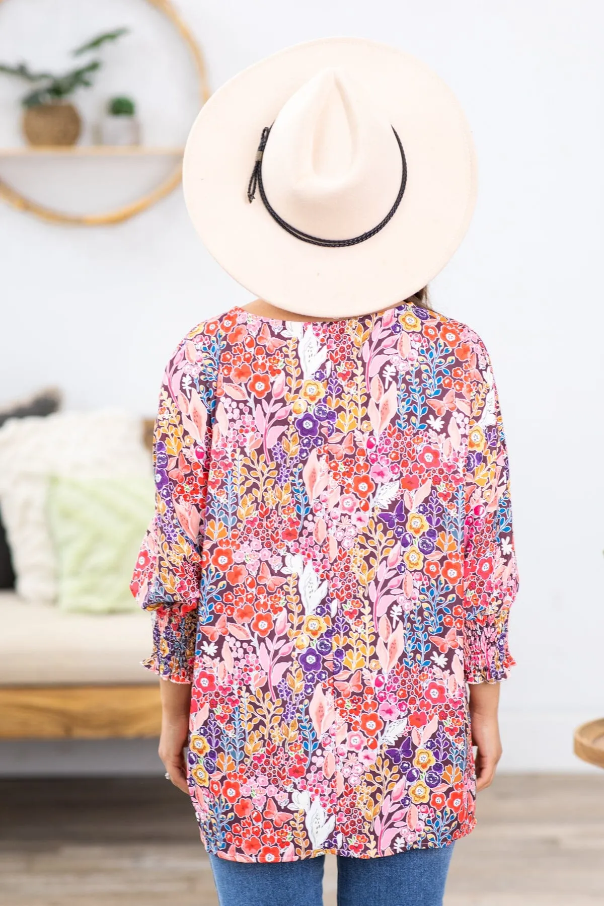 Pink Multicolor Floral Print Boat Neck Top
