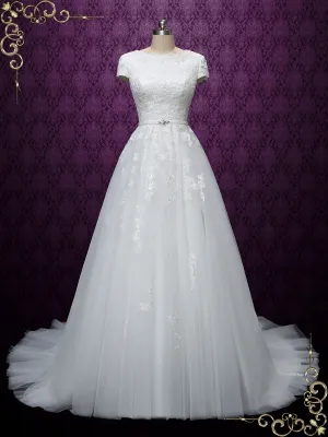 Ready to Wear Modest Lace Wedding Dress with Short Sleeves ABIGAIL