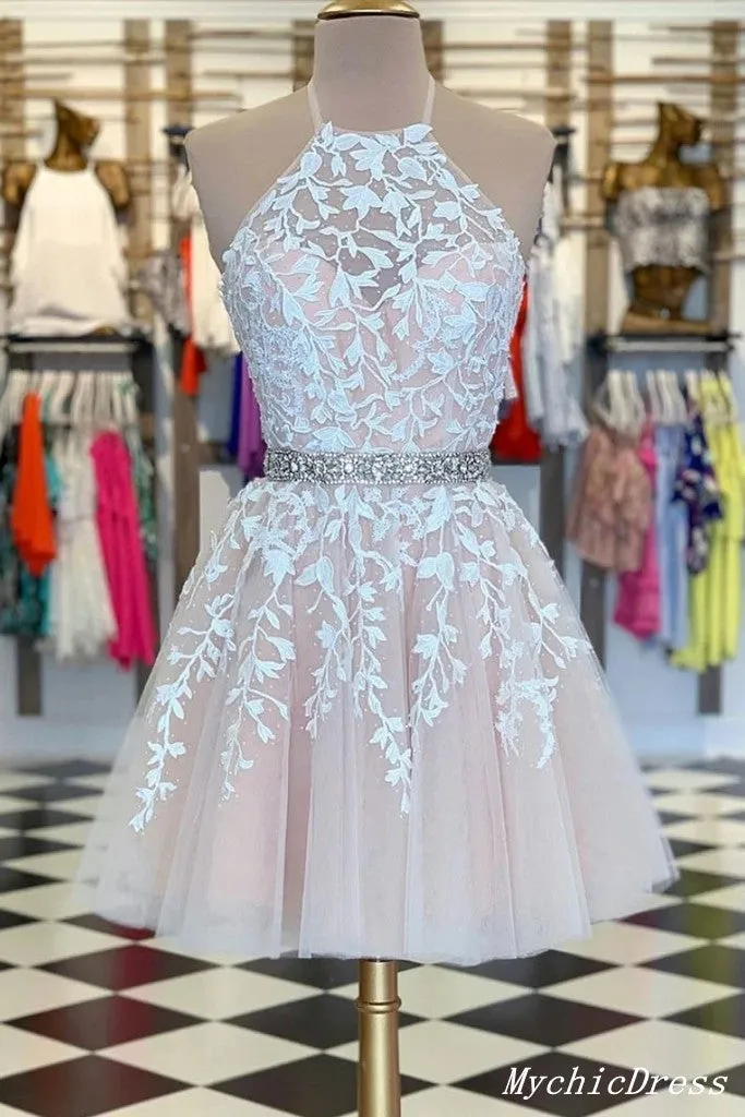 Short ivory Halter Homecoming Dresses Lace A Line Mini Prom Dresses