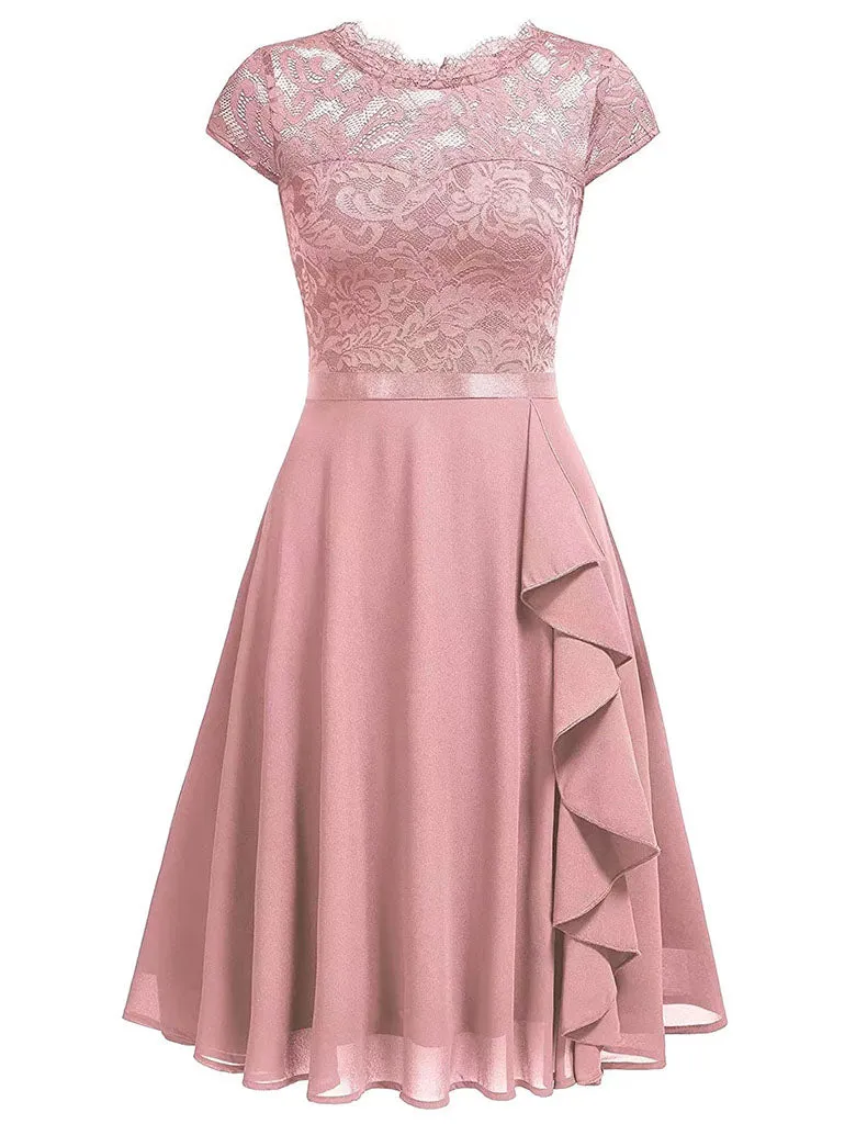 Solid Color Lace Cap Sleeve 50s Party Chiffon Swing Dress