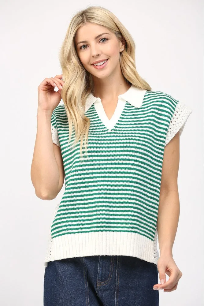 STRIPED COLLARED V-NECK SWEATER VEST