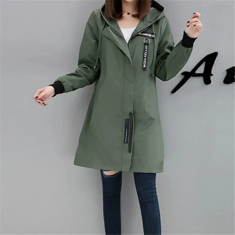 Women's Academia Trench Coat Spring Autumn with Hood Slim Students Clothes Windbreaker Coat