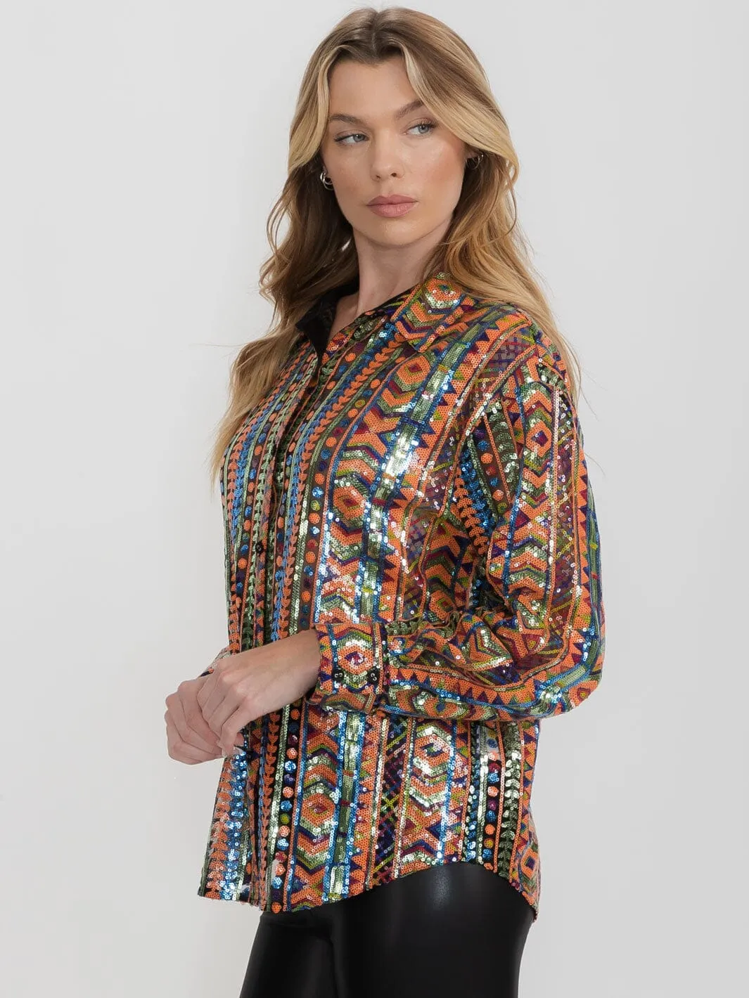 WOMEN'S LONG SLEEVE BUTTON UP MULTI COLOR SEQUINS TOP